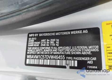 2013 BMW X1 Sdrive28I z USA, uszkodzony, nr VIN WBAVM1C57DVW46455